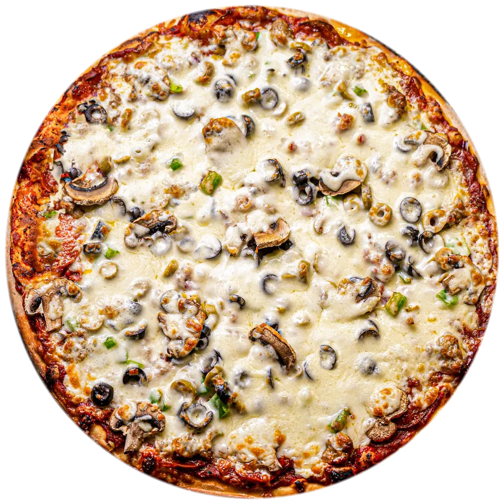 Pizza z mozzarellą, pieczarkami i oliwkami – widok z góry
