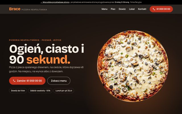 Animowana strona pizzerii — pizza widziana z góry na ciemnym tle