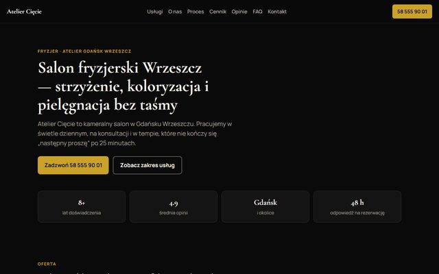 Przykładowa strona internetowa salonu fryzjerskiego — widok strony głównej
