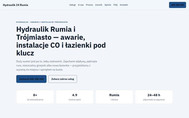 Przykładowa strona internetowa hydraulika — widok strony głównej