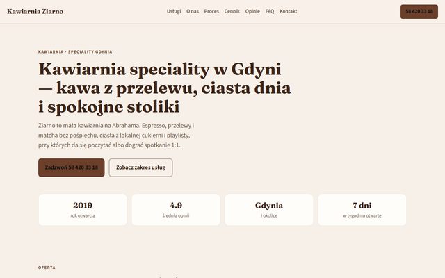 Przykładowa strona internetowa kawiarni — widok strony głównej