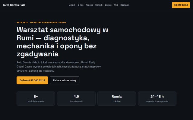 Przykładowa strona internetowa warsztatu samochodowego — widok strony głównej