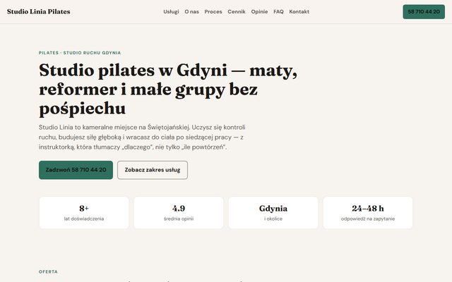 Przykładowa strona internetowa studia pilates — widok strony głównej