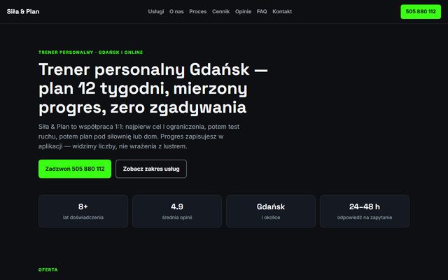 Przykładowa strona internetowa trenera personalnego — widok strony głównej